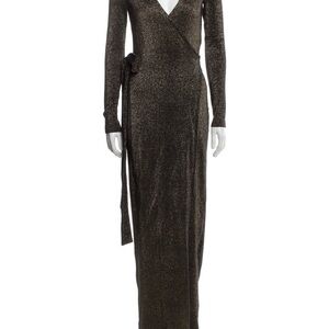 Diane Von Furstenberg DVF Long Sleeve Maxi Wrap Dress Black Metallic